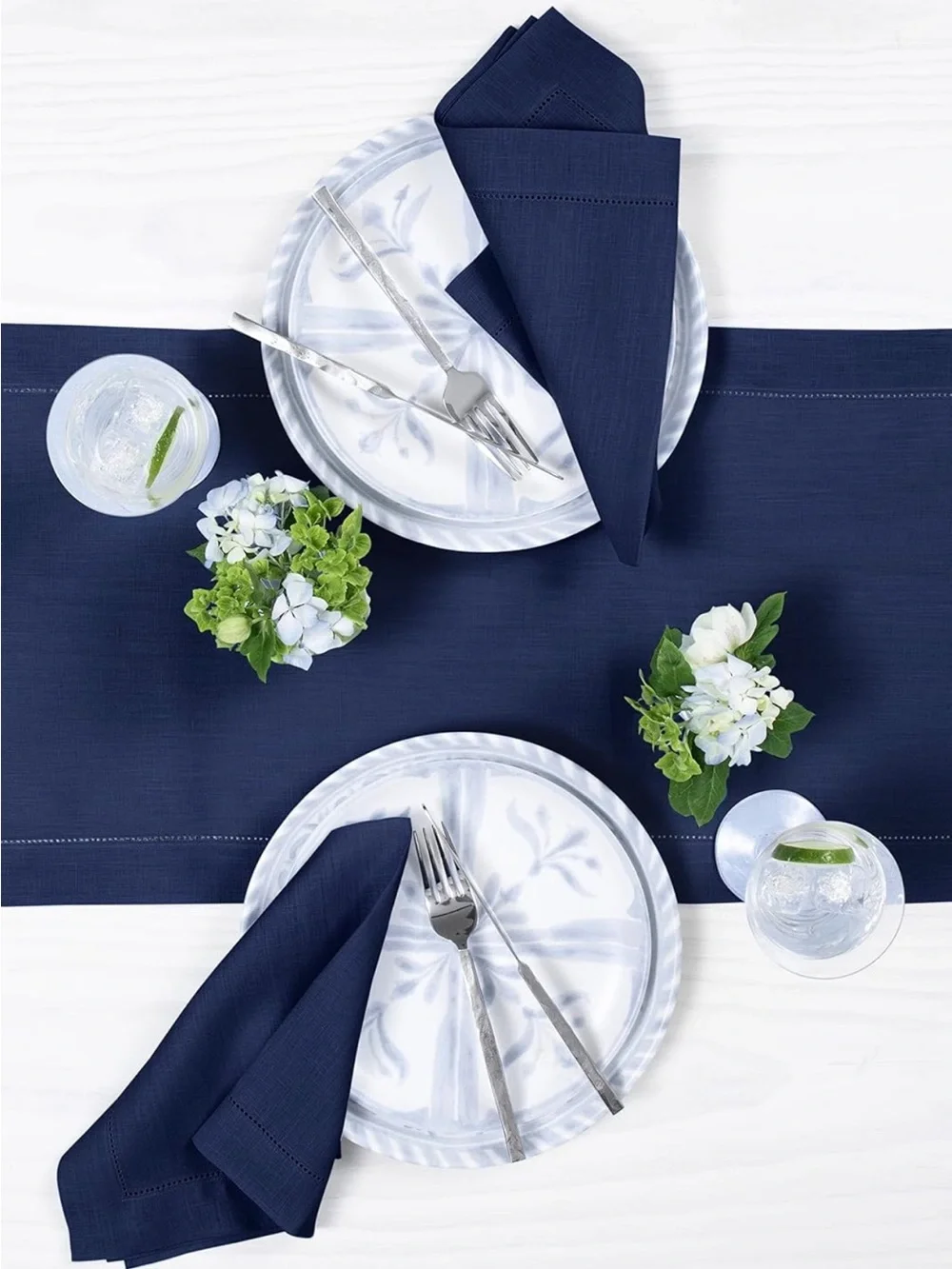 NEW Solino Home 100% Pure Linen Table Runner Navy, Classic Hemstitch 14 x 90 in